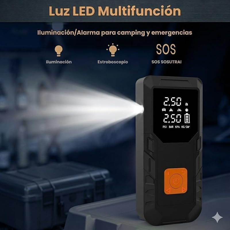 Arrancador de Baterías Coche 12V (Gasolina/Diésel) con 12000mAh Compresor Aire Portátil 150PSI, Power Bank 18W Carga Rápida, Inflador Neumáticos Coche con Linterna LED para Moto Pelotas