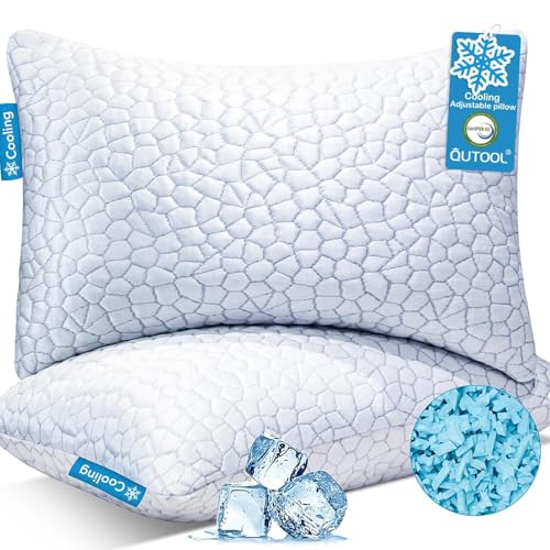Cooling Memory Foam Pillows Queen Size Set of 2, Adjustable Shredded Foam Bed Pillows for Sleeping, Soft Support Pillows for Side & Back Sleepers with Breathable Dual-Sided Bamboo & Cooling Fabric