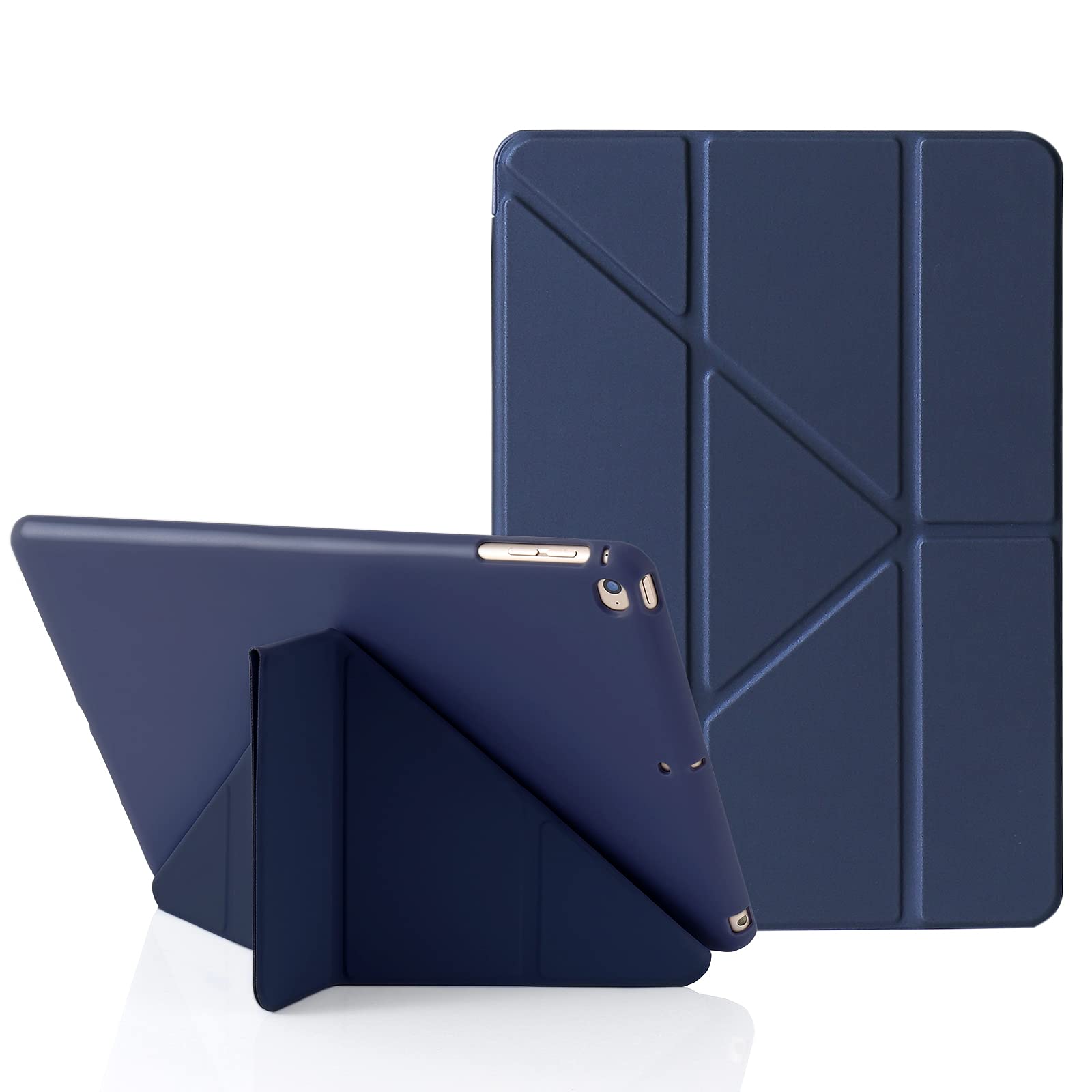 Origami iPad Case for iPad 9.7 Inch 6th 2018 & 5th 2017 Gen, also Fits iPad 9.7" Air 2013 & Air 2nd 2014, 5-in-1 Multiple Angles Viewing Positions, Smooth Silicone Cover & Soft TPU Back (Dark Blue)