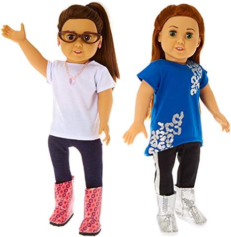 Springfield Fashion I Love Sparkles Outfit Set, Fits 18” American Girl Dolls, 6 Items: Hi-Lo Top and Pants, White Top and Jeggings, Brown Doll Glasses, Necklace and Earrings