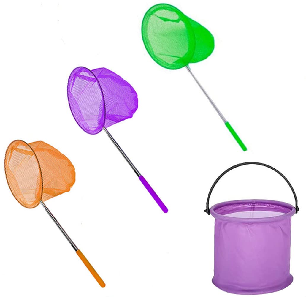3 Pack Butterfly Nets with Folding Water Buckets，Telescopic Butterfly Nets，Extendable Fishing Outdoor Telescopic Tool Net for Kids Catching Insects.