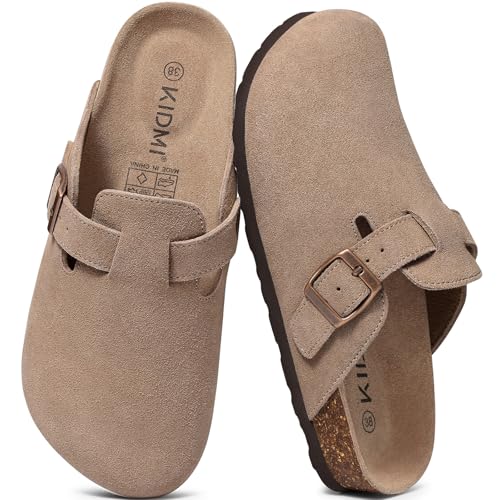 KIDMI Genuine Suede Clogs for Women Men Cork Footbed Sandals Leather Mules Potato Shoes with Arch Support