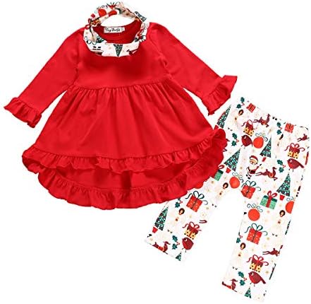 3PC Toddler Baby Girls Cute Floral Shirt Dress Pants Christmas Headband Outfit Clothing Sets