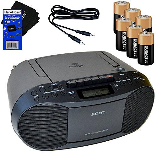 Sony MP3 Format CD, AM/FM Radio, Cassette Recorder Boombox with Mega Bass + 6 Batteries + Auxiliary Cable & HeroFiber Ultra Gentle Cleaning Cloth