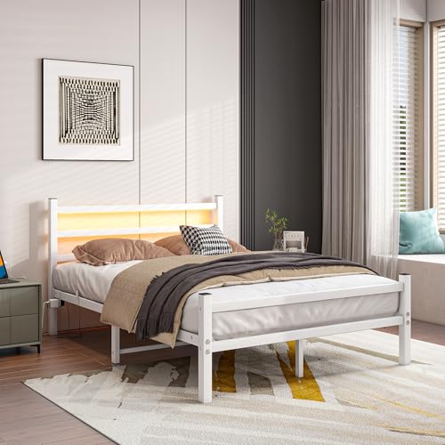 Maliacife Full Bed Frame with Headboard and Footboard,Metal Platform Double Bed Frame with Charging Station and LED, Steel Slats Mattress Foundation, No Box Spring Needed,Noise Free,White