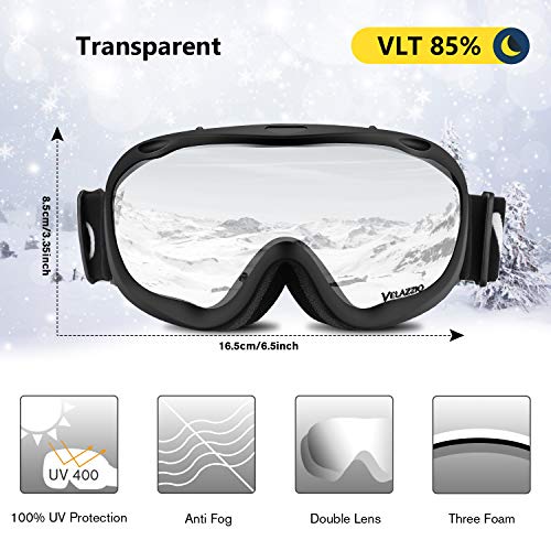 VELAZZIO Ski Goggles, Snowboard Goggles - Spherical Double Layer Anti-Fog 100% UV Protective Lens, Hydrophobic and Oleophobic Coating, Helmet Compatible, Medium Fit Snow Sports Goggles Men & Women