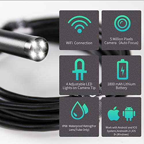 Wireless Endoscope,ZOTO 5.0 MP WiFi Auto Focus Inspection Camera,1944P HD Borescope Camera Snake