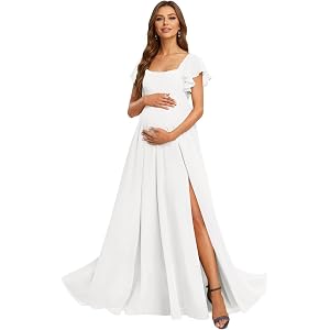 Verngo Chiffon Maternity Dress for Photoshoot Ruffle Slit Baby Shower Formal Pregnancy Gown with Sleeve