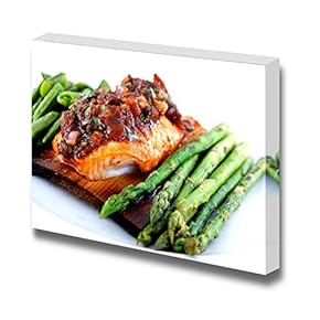Food Dish Art Cedar Planked Salmon Served Under Roasted Tomato Vinaigrette and Accompanied by Sugar Snap Peas and Blistered Asparagus - Canvas Art Wall Art - 12" x 18"