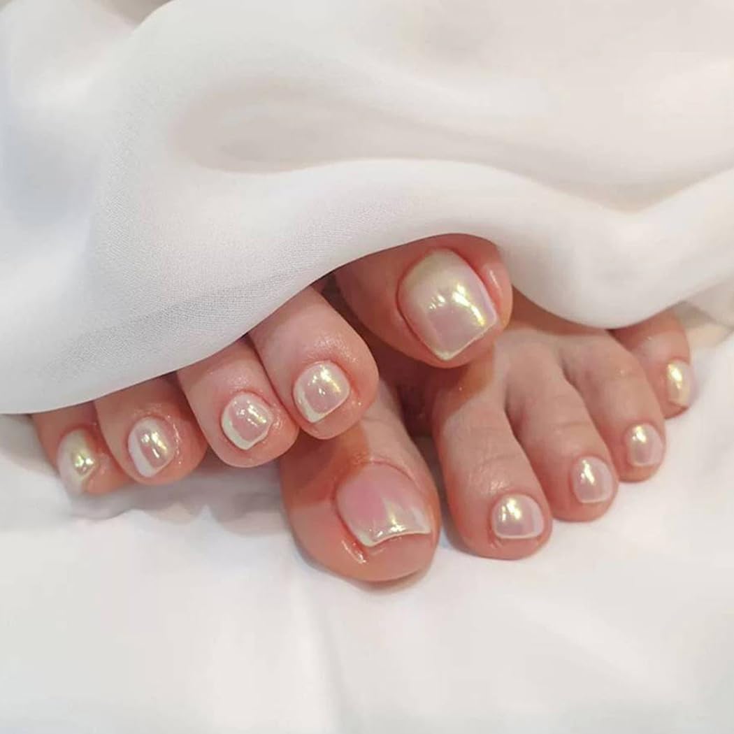 Handcess Glitter False Toe Nails Pink Press on Toe Nail Glossy Fake Toenails Full Cover Acrylic Toe Nail Art Tips for Women and Girls 24Pcs