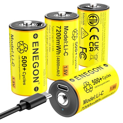 ENEGON Rechargeable C Batteries 1.5V 7200mWh, High Capacity C Lithium Battery with Type C Charging Cable, Low Self-Discharge, Rechargeable Type C / R14 / LR14 Batteries (4 pack)