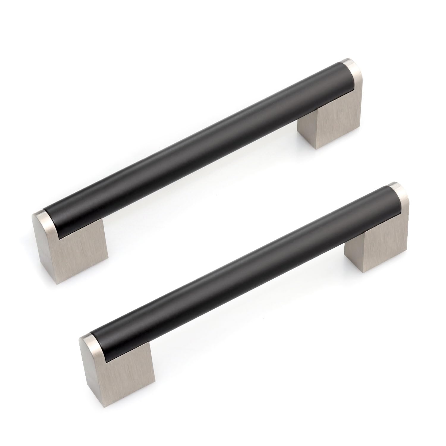 FULGENTE Euro Modern Cabinet Handles,5In Stainless Steel Kitchen Cabinets Hardware Drawer Pulls Rounded Matte Black with Brushed Nickel Square Base,Center to Center 5In (128mm) Pack of 10