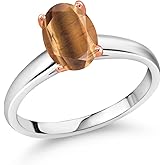 Gem Stone King 1.50 Ct Oval Brown Tiger Eye 10K White and Rose Gold Ring