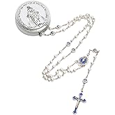 6mm Glass Pearl Beads Catholic Rosary Necklace for Women Men with Virgin Mary Center Piece and Crucifix Pack in Metal Gift Box