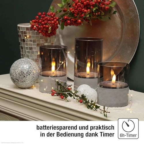 hellum LED Candles with Timer Function, Set of 3 LED Pillar Candles Outdoor, Flickering Flame, Grey, Diameter 8 cm, Heights 10/12.5/15 cm, 6 Hour Timer, Battery Operated (6 x AA, Not Included) 151992