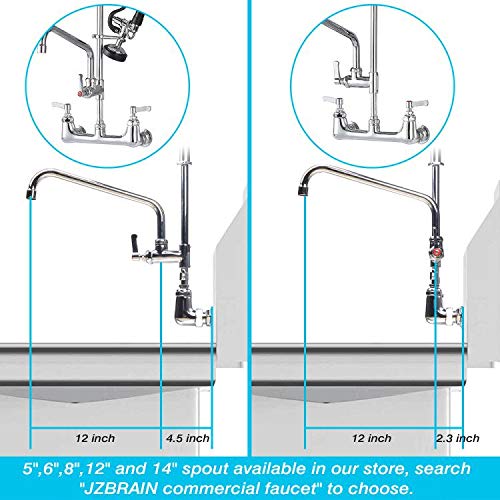 JZBRAIN 8 Inch Center Commercial Faucet with Sprayer 42" Height Wall Mounted Pre-rinse Kitchen Fuacet Wall Mount Commercial Sink Faucet with 12" Add-on Swing Spout - Thumbnail 2