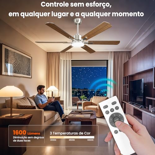 Ventilador de Teto Silencioso com Controle Remoto, 127V/220V, 132.08cm, 3 Cores, 6 Velocidades e Função Reversa