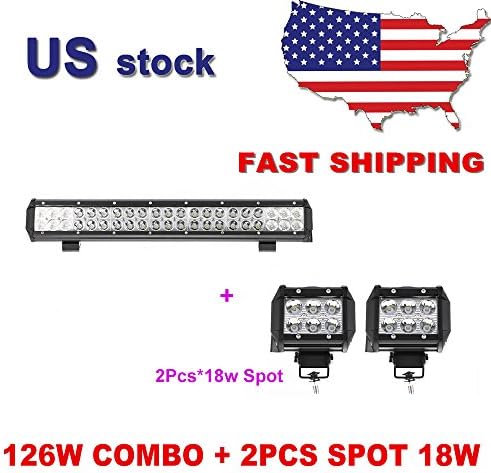 Primeprolight 20" Inch Led Light Bar 126W 12600lm Flood Spot Combo Beam Work Light + 2Pcs 18W Off Road Led Light Spot Beam,One Year Warranty