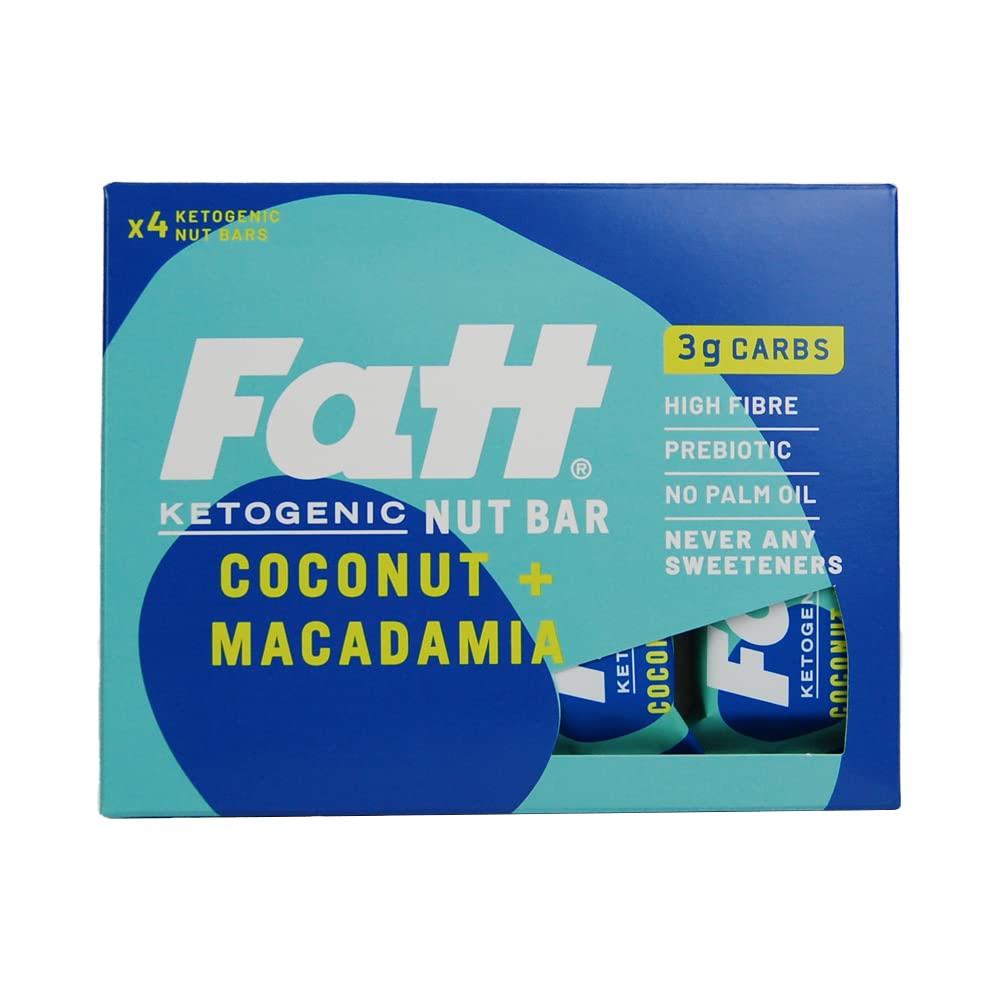 Fatt Keto Nut Bars - (Coconut & Macadamia, 4 count) - 3g Carbs - 100% Natural, Low-Carb, Gluten Free Clean Keto Snack Bars with Super Fats - High Fibre, Low Sugar, Sweetener Free & Vegan - Aka Fattbar