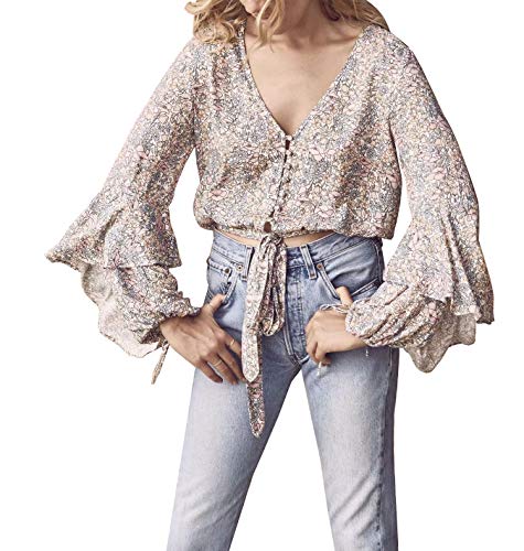 R.Vivimos Women Cotton Long Sleeve V Neck Floral Print Button Down Blouse with Tie Large
