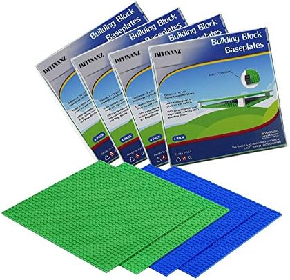 [Stackable Design] LEGO Compatible Brick Building Baseplates by Mast,Large Green & Blue 10"x10" BasePlate Perfect for Activity Table or Displaying Multi-Storey Construction(Pack of 4,Green + Blue)