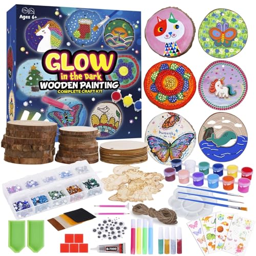 Photo 1 of Minetom Kids Wooden Painting Kit-Glow in The Dark?26 pcs Wood Slice Craft Activities Kits-Arts & Crafts Gifts for Boys Girls Ages 5-12,Creative Art Toys for 5, 6, 7, 8, 9, 10, 11 & 12 Year Old Kids