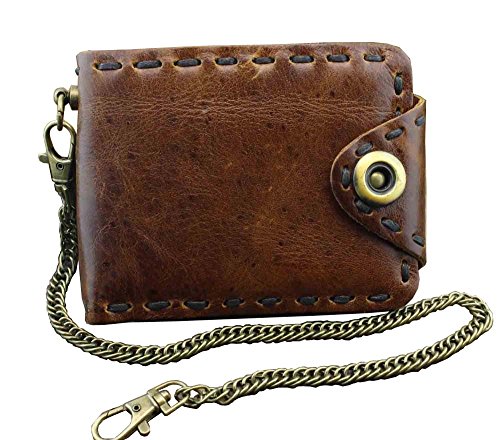 Vintage Biker Leather Bifold Snap Wallet With Chain for Mens or Boys
