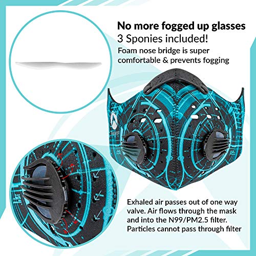 Axsyon Dust Mask with EAR LOOPS- 2 Activated Carbon Filters, 2 Sponies (anti-fog/comfort foam nose bridges) & 2 Valves included. N99/PM2.5- for Work, Cleaning, Woodworking, Mowing, Outdoor Activities