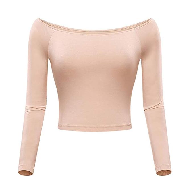 MYMYG Damen Crop Tops Off-Shoulder Slash Neck für Frauen Solides langärmliges Top ausgestattetes Hemd Navel-Bluse O-Ausschnit