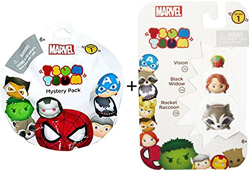 Marvel Tsum Tsum Wave 1 Vision/Black Widow/Rocket Raccoon 3 Pack Action Figures + Series 1 Mystery Pack Blind Bag Disney Marvel Character & Accessory