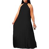 Aro Lora Womens Casual Sleeveless Plus Size Chiffon Halter Neck Pleated Loose Long Maxi Dress