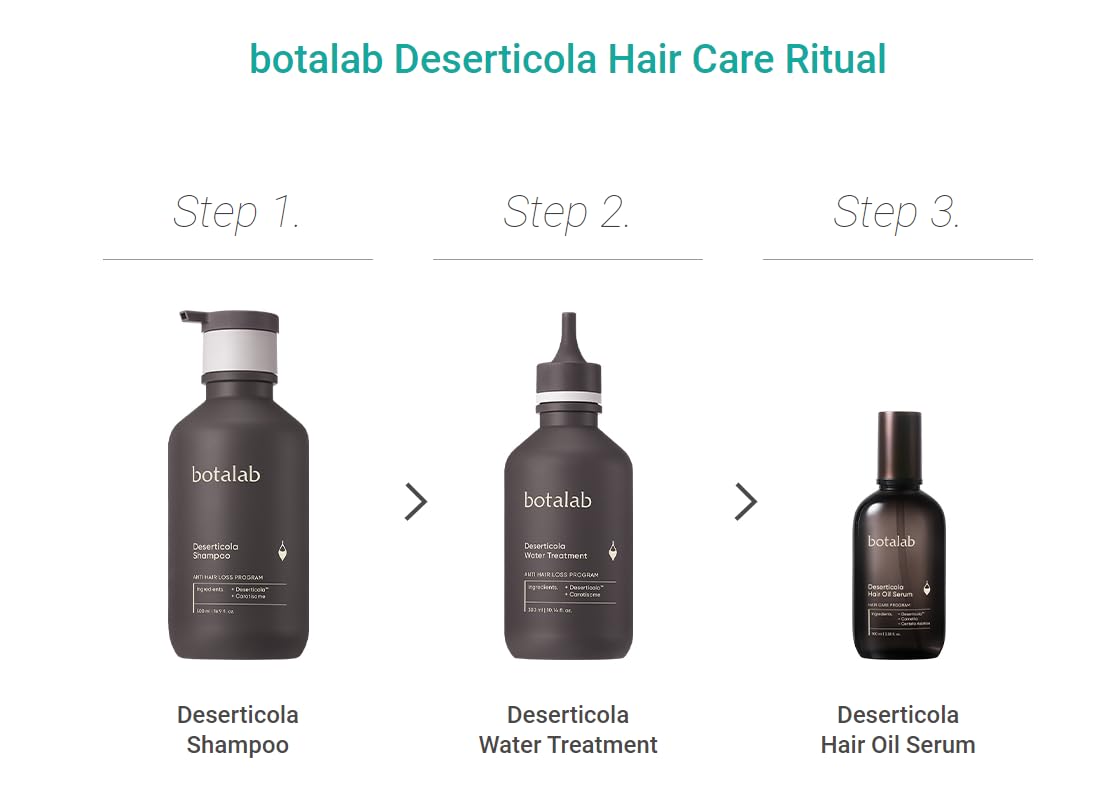 Botalab Hair Growth Pack Korean Kbeauty Hair Care Set: 3 Items, Deserticola Shampoo, Water Treatment, Hair Oil Serum