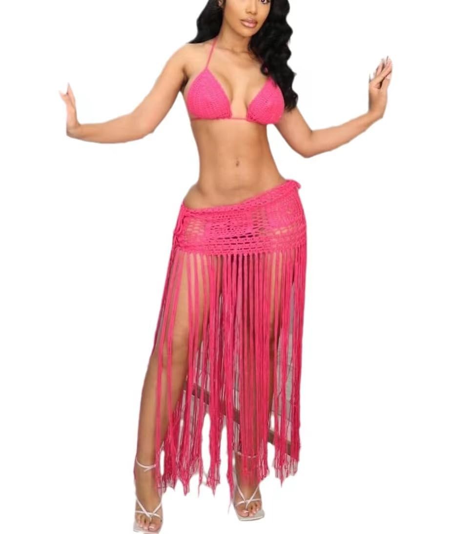 Photo 1 of Women Sexy Plus Two Piece Skirt Set Tassel Fishing Net Knittin Hollow Out Off Bikini Shoulder Beach Dresses Rose