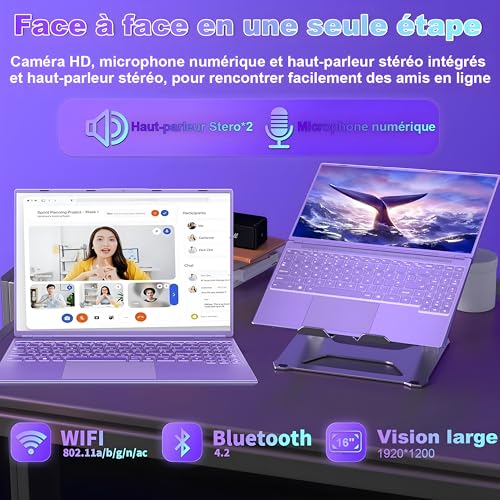 NOTODD Laptop 16'' 12+512GB SSD Support Extension 2TB (HDD-2TB) Celeron N5095 (up to 2.9GHz) 1920x1200 PC Laptop Gamer Win11 Laptop with Type-C HDMI AZERTY Keyboard Cover-Purple
