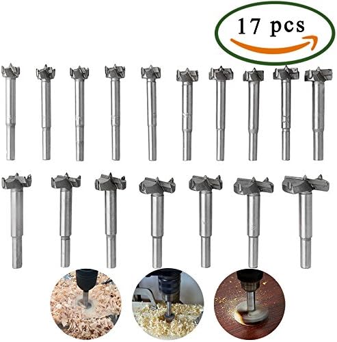 Forstner Drill Bits, Dayree 17pcs 15mm-38mm High-Speed Steel Woodworking Hole Saw Drill Bits Reaming Hinge with Round Shank for Wood Plastic Particle Board and Other Cork