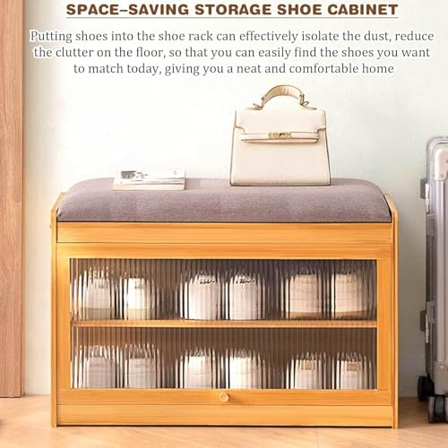 Bamboo Shoe Bench, 3-Tier Shoe Bench Cabinet with Cushion, Dust-Blocking Acrylic Doors, Shoe Organizer Storage Rack for Entryway, Hallway, Living Room, Bedroom