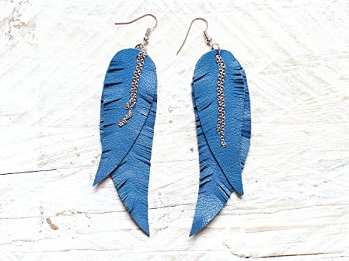 Blue Feather Leather Earrings, layered earrings, tribal Earrings, Boho earrings, dangle earrings, long earrings