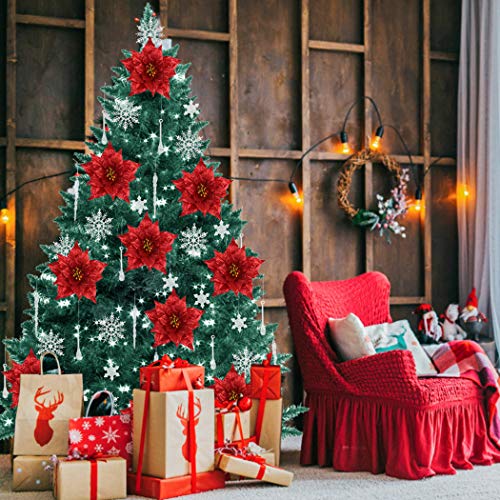 Outgeek 24 Pcs Poinsettia Christmas Flower Decoration and Icicles and Fixing Clip Set Christmas Glitter Artificial Flowers Red Christmas Tree Ornament