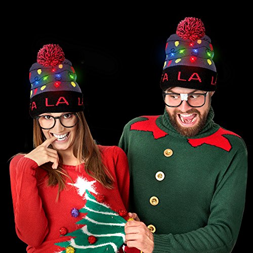 LED Light-up Knitted Ugly Sweater Holiday Xmas Christmas Beanie - 3 Flashing Modes (FA La La Beanie) Multicolored - Image 5