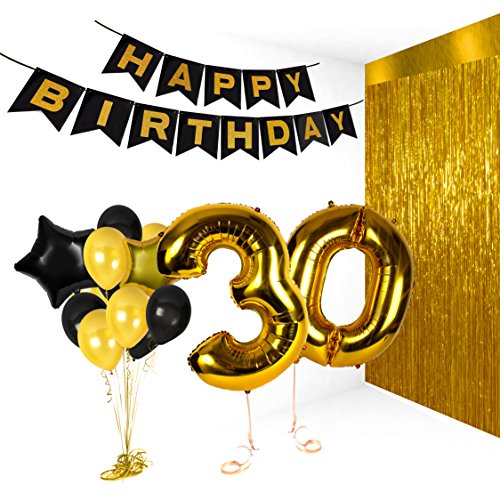 30th Birthday Decorations Happy Bday Banner Party Kit Pack B-day Celebration Supplies with Gold and Black Stars Balloons + Extra Large Golden Fringe Curtain for Men or Women ... (GOLD BLACK)