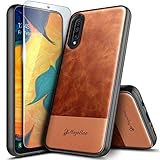 Galaxy A50 Case with Tempered Glass Screen Protector, NageBee Premium [Cowhide Leather] Armor Shockproof Dual Layer Hybrid Rugged Durable Case for Samsung Galaxy A50 (2019)/A50S/A30S -Brown