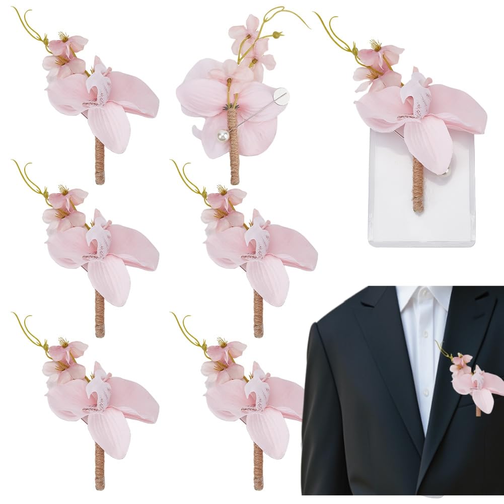 DELORIGIN 6pcs Pink Wedding Boutonniere Pocket Elegant Flower Pocket Boutonniere Silk Rose Groom's Boutonniere with 6 Plastic Sleeve, Wedding Corsages for men Groom Groomsmen Wedding Party Dinner