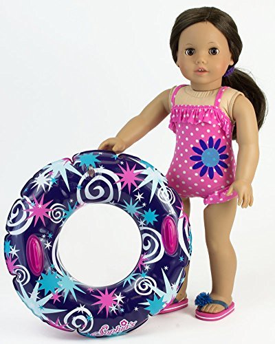 18 Inch Doll Swimwear, Hot Pink Polka Dot Bathing Suit & Summer Inner Tube, Perfect Summer Fun for your 18 Inch American Girl Doll Clothes & More! Polka Dot Bathing Suit with Pool Toy