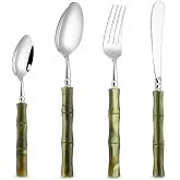 BLEWAR 4-Piece Bamboo Design Silverware Set for 1 - Elegant 18/10 Stainless Steel with Acrylic Handle Flatware Cutlery - Premium Green Kitchen Utensil Tableware- Dishwasher Safe