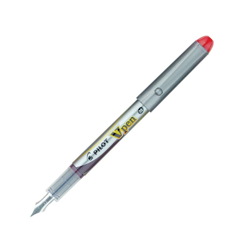 Pilot VPen Disposable Fountain Pen Silver Barrel 0.58 mm Tip - Red, Single Pen