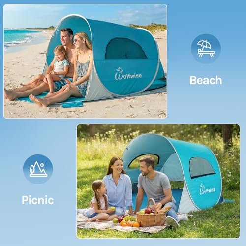 WolfWise Beach Tent Sun Shelter for 3 Person with UPF 50+ UV Protection, Lightweight & Easy Pop Up Beach Shade Canopy, Portable Beach Shade Tent