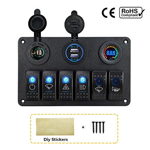 kemimoto Rocker Switch Panel 6 Gang Alumnium Marine Switch Panel Waterproof with 12-24V Cigarette Dual USB Voltage for Boat, Marine, UTV, Truck, Car