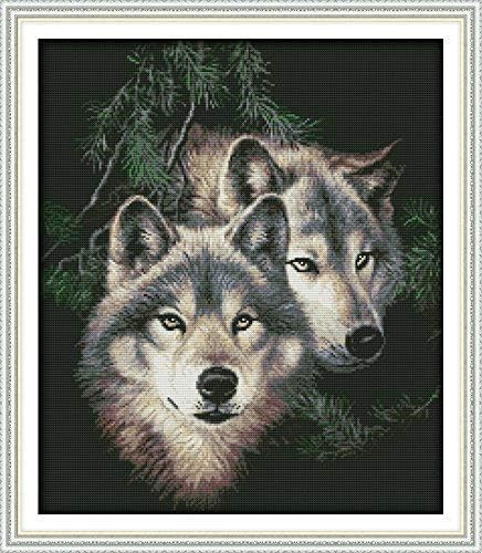 Happy Forever Cross Stitch Kits 11CT Stamped Patterns for Kids and Adults, DIY Preprinted Embroidery Kit for Beginner, Animals (D661 Two Wolves 2, Size 19''x22'')