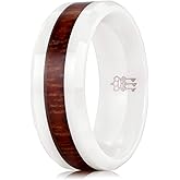 THREE KEYS JEWELRY 6,8mm Black/White Ceramic Wedding Ring with Real Koa Wood Inlay Flat Top Wedding Band Engagement Ring Comfort Fit Size 4-16