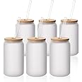 PYD Life Sublimation Glass Cans Blanks Frosted 13 OZ with Bamboo Lid and Clear Glass Straw Wide Mouth Jar Tumbler Cups Mugs for Iced Coffee,Juice,Soda,Drinks 6 Pack